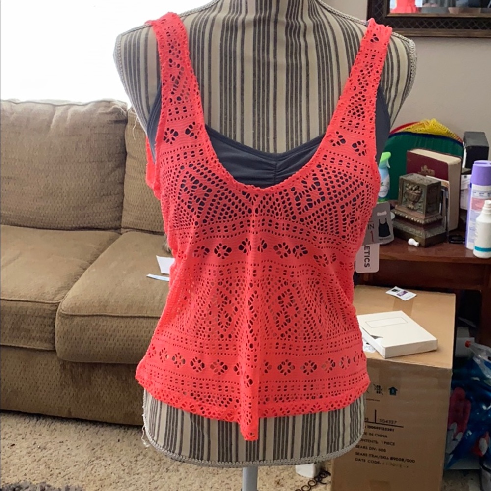 bathing top.Gray bikini top  pink crochet overtop